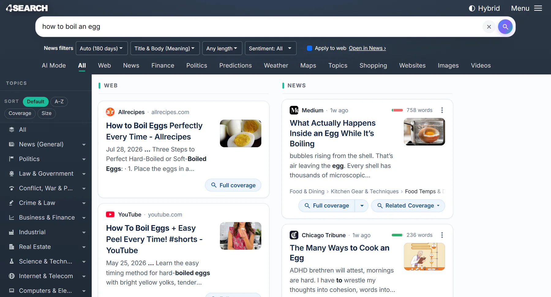 The All results page for a search: the search box, the News filters row and the tabs across the top, with Web results in one column and News results in the other
